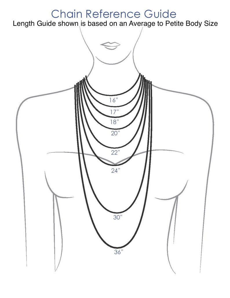 Puede incluir: Un dibujo de l&iacute;nea de una persona que lleva un collar con diferentes longitudes marcadas en pulgadas, de 16 pulgadas a 36 pulgadas. La imagen muestra una gu&iacute;a de longitudes de collar basada en una talla media a peque&ntilde;a.
