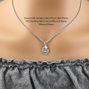 Sterling Silver Dainty 20x10mm sacred heart charm on a 316L stainless steel 2mm flat cable chain.