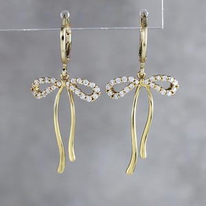 Gold Pave Huggie Hoop Coquette Bow Earrings, Dainty Gold Bow Earrings, Coquette Jewelry, Romantic Gift for Her, Coquette Core, Bridal Gift