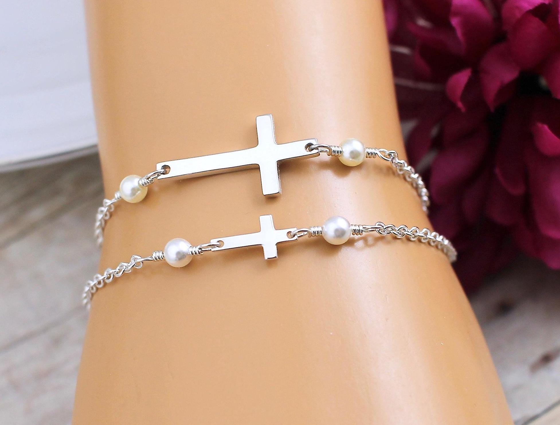 Mother Daughter Cross Bracelet, Sideways, Sterling Silver, for