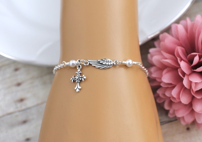 Angel Wing Bracelet Sterling Silver, Angel Wing Pearl Bracelet, Angel Cross Bracelet, Guardian Angel Bracelet, Godmother Gift, Remembrance image 5