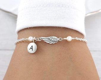 Personalized Angel Wing Bracelet Sterling Silver, Angel Wing Pearl Bracelet, Pearl Bracelet, Guardian Angel Bracelet, Remembrance