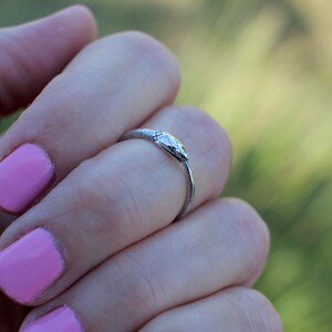 Puede incluir: Un anillo de serpiente de plata con un dise&ntilde;o detallado de cabeza de serpiente. El anillo se lleva en un dedo con esmalte de u&ntilde;as rosa.