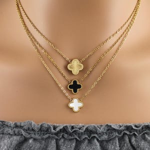Waterproof Non Tarnish Gold, White Pearl, Black Lucky Clover Necklace, Gold Four Leaf Charm Layering Necklace, Everyday Good Luck Pendant