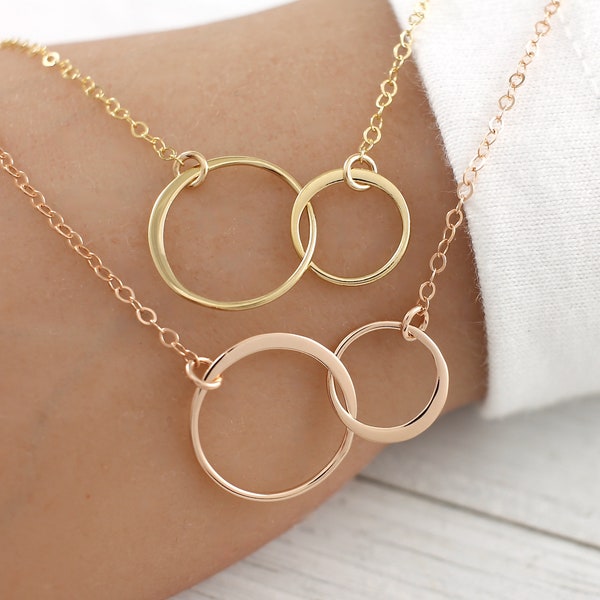 Two Circle Necklace Gold or Rose Gold, 2 Circle Necklace, Two Entwined Circles, Mother Daughter Circle Necklace, Two Sisters Jewelry