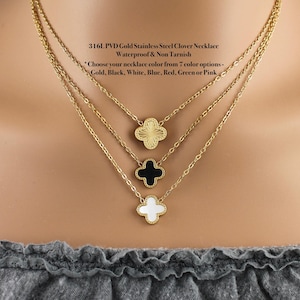 Waterproof Non Tarnish Gold, White Pearl, or Black Lucky Clover Necklace, Four Leaf Charm Layering Necklace, Everyday Good Luck Pendant