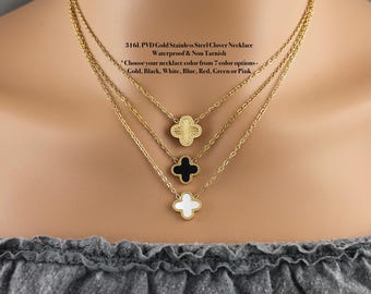 Waterproof Non Tarnish Gold, White Pearl, or Black Lucky Clover Necklace, Four Leaf Charm Layering Necklace, Everyday Good Luck Pendant