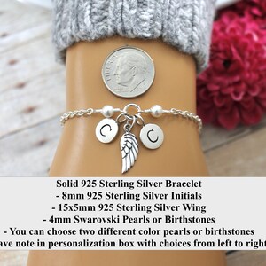 May include: A sterling silver bracelet with two initial charms, a wing charm, and two pearl beads. The bracelet is 8mm wide and the wing charm is 15mm by 5mm. You can choose two different colors of pearls or birthstones for the bracelet.