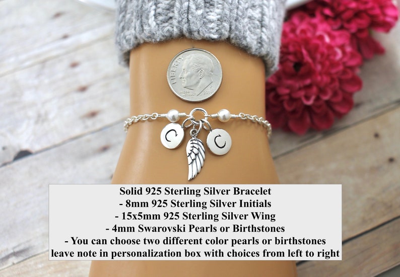 May include: A sterling silver bracelet with two initial charms, a wing charm, and two pearl beads. The bracelet is 8mm wide and the wing charm is 15mm by 5mm. You can choose two different colors of pearls or birthstones for the bracelet.