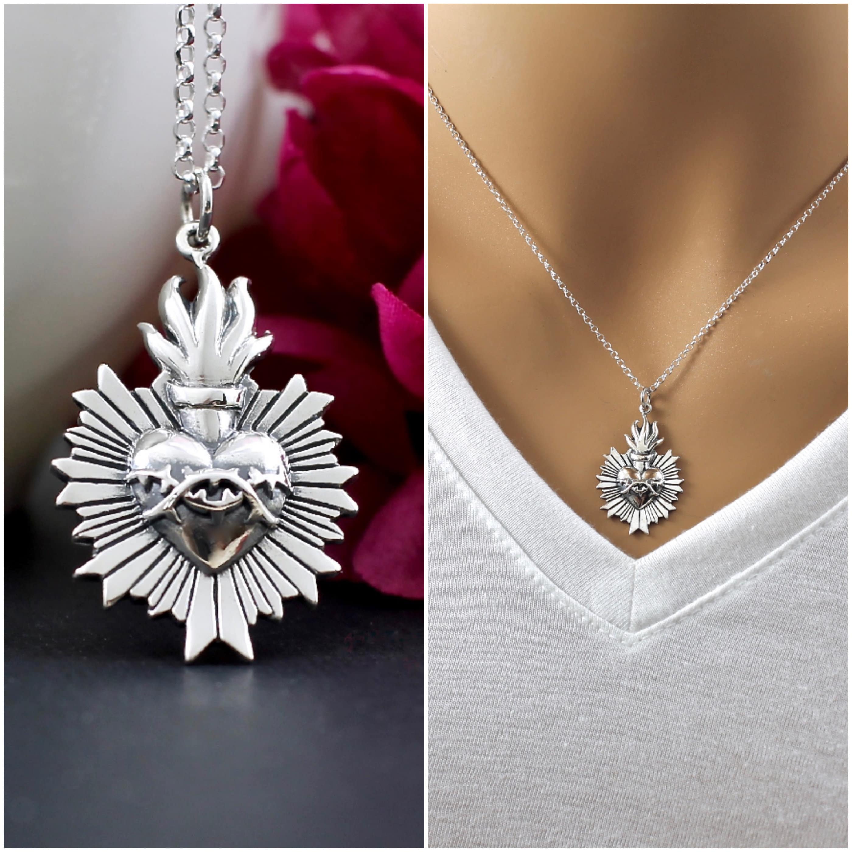 Sterling Silver Sacred Heart Necklace Heart Necklace Catholic Etsy Canada