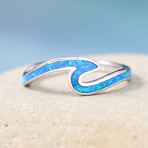Sterling Silver Blue Opal Wave Ring Necklace, Surfer Jewelry, Surfer Gift, Wave Jewelry, Ocean Jewelry, Summer Jewelry, Friendship Ring