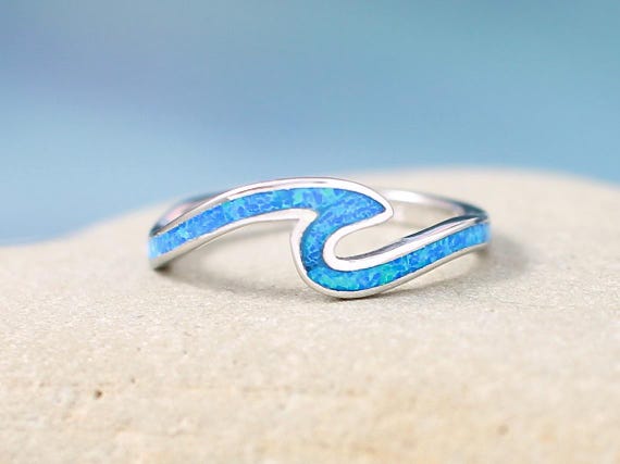 Sterling Silver Blue Opal Wave Ring Necklace, Surfer Jewelry, Surfer Gift, Wave Jewelry, Ocean Jewelry, Summer Jewelry, Friendship Ring