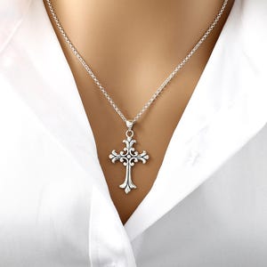 Sterling Silver Fancy Scroll Cross Necklace, Gothic Cross Pendant, Ornate Religious Gift, Elegant Baroque Cross, Godmother Gift