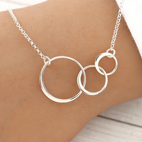 Three Circle Necklace Sterling Silver, Three Eternity Circle Necklace, Triple Circle Necklace, Entwined Circle, Gift for Mother Daughters