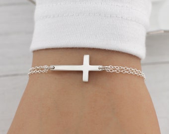 Cross Bracelet Sideways, Sterling Silver, for Women, Sideways Cross Bracelet, Godmother Gift, Religious Bracelet, Cross Jewelry