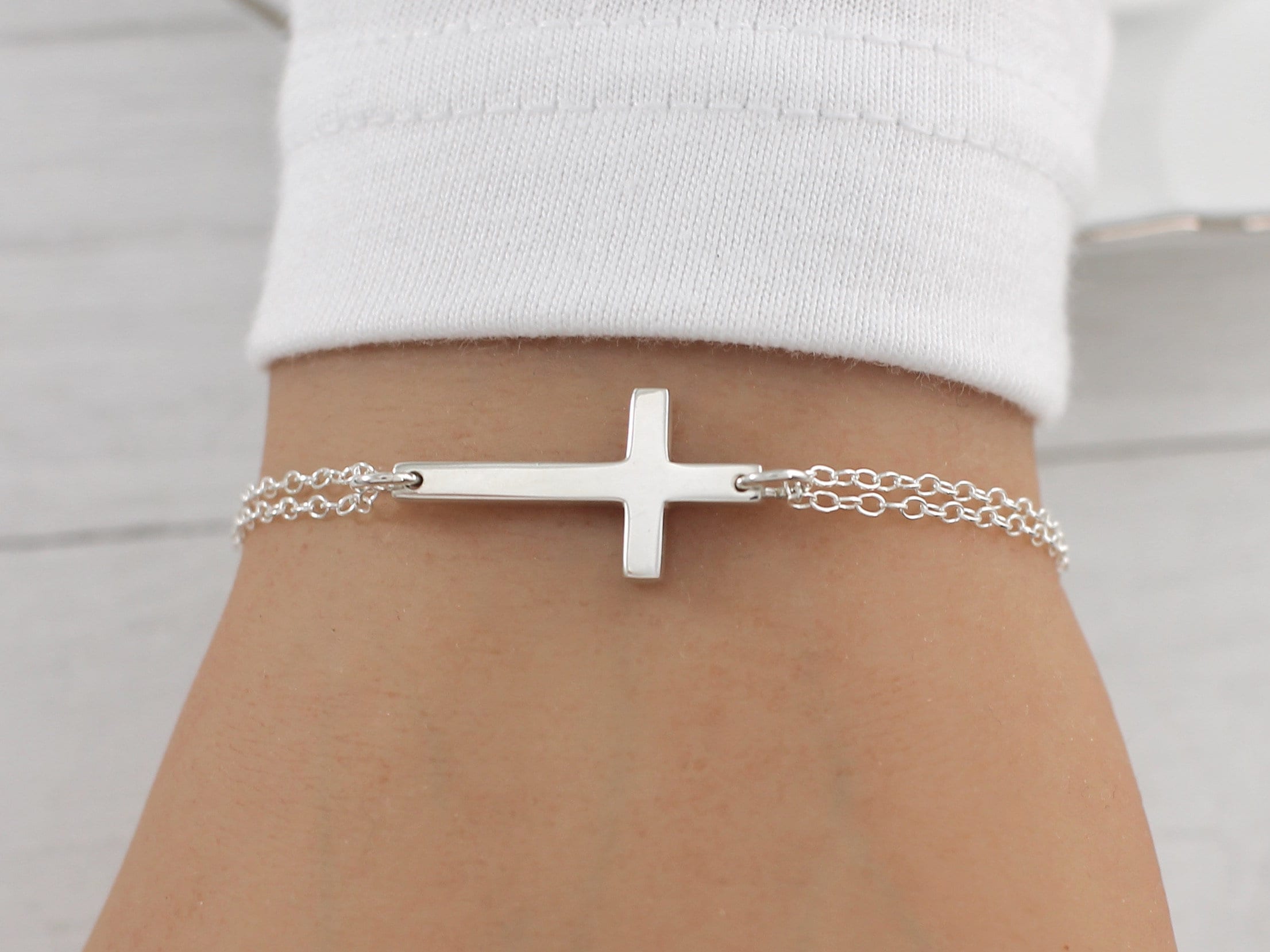 Cross Bracelet Sideways, Sterling Silver, for Women, Sideways