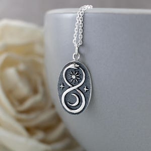 Ouroboros Necklace, Sterling Silver, Sun and Moon Necklace, Infinity Snake Necklace, Talisman Necklace, Snake Eating Tail, Ouroboros Snake
