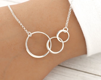 Three Circle Necklace Sterling Silver, Three Eternity Circle Necklace, Triple Circle Necklace, Entwined Circle, Gift for Mother Daughters