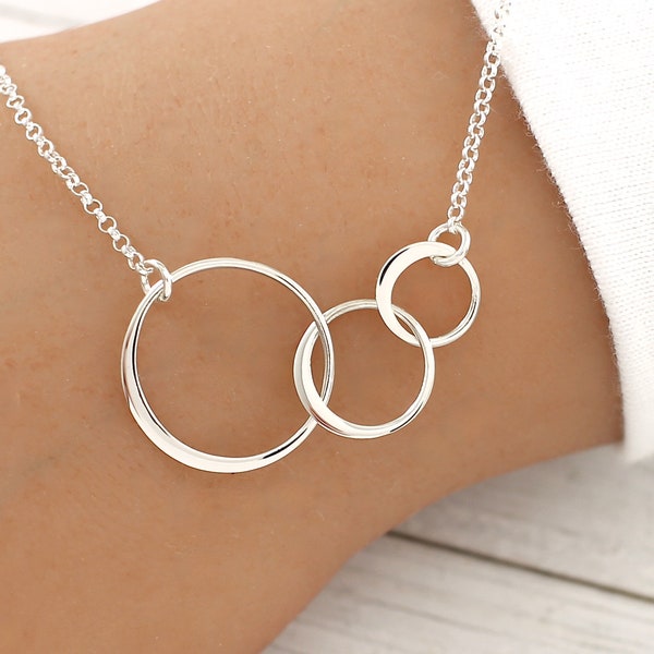 Three Circle Necklace Sterling Silver, Three Eternity Circle Necklace, Triple Circle Necklace, Entwined Circle, Gift for Mother Daughters