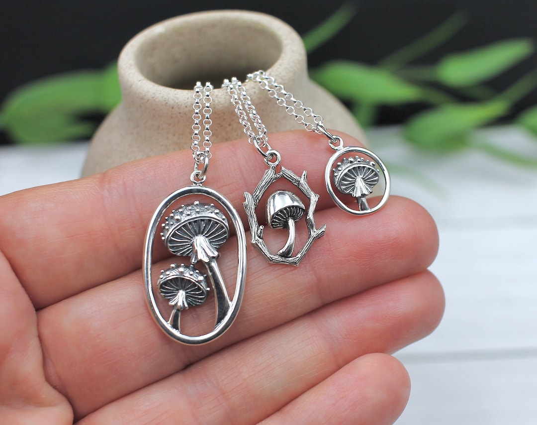 Sterling Silver Mushroom Moon Necklace With Opal - Dainty Pendant Jewelry Gift For Women