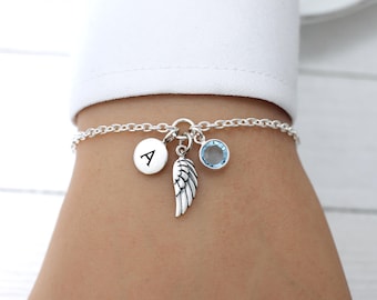 Sterling Silver Angel Wing Bracelet, Guardian Angel Bracelet, Remembrance Bracelet, Personalized, Charm Bracelets, Jewelry, Gifts