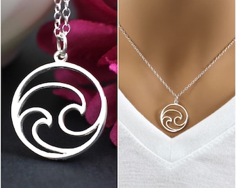 Waves Necklace, Sterling Silver, Ocean, Waves, Beach, Girl, Surfer, Surfer Girl, Sea, Necklace, for Women, Jewelry, Gifts