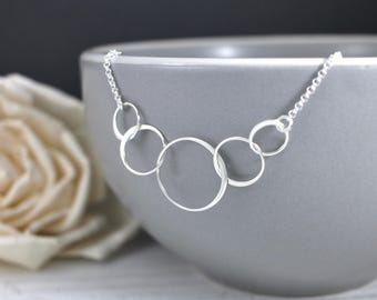5 Circle Necklace, Five Circle Necklace, 50th Birthday gift for women, 5 sterling silver interlocking circle rings necklace, 5 Generations