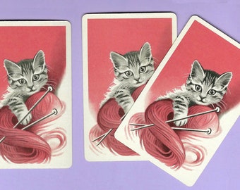 KNITTIN' KITTEN (3) Vintage Single Swap Playing Cards Paper Ephemera