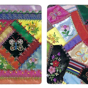 May include: Two rectangular, colorful, patchwork designs. Each features embroidered flowers and butterflies on various fabric squares. The designs incorporate a variety of colors, including pink, green, yellow, and black, with decorative stitching.