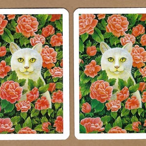 WHITE CAT in FLOWERS (2) Vintage Single Swap Playing Cards Paper Ephemera