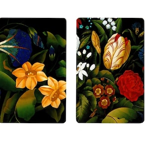 May include: Two rectangular floral art prints. One features yellow flowers and a blue flower against a dark background. The other print displays a red rose, a tulip, and other flowers. The prints have a vintage aesthetic.