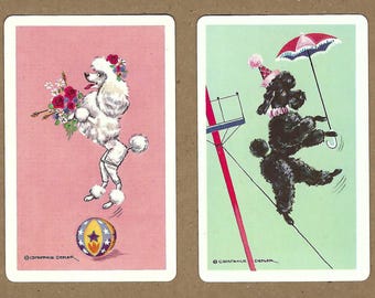 CIRCUS POODLES (2) Naipes vintage de intercambio único, papel efímero