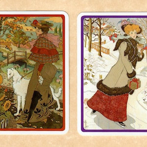 HIVER 1900 (2) cartes à jouer vintage éphémères en papier échangeables