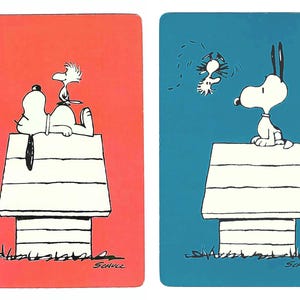 WOODSTOCK visita a SNOOPY (2) Naipes vintage de un solo intercambio, efímeras de papel
