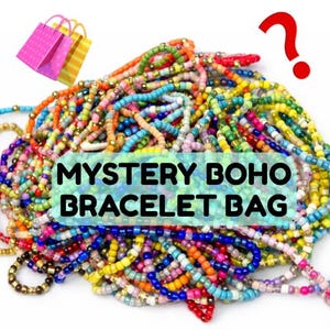 May include: A colorful assortment of beaded bracelets in various colors, including blue, green, orange, and pink. The bracelets are piled together, with the text "MYSTERY BOHO BRACELET BAG" overlaid on the image. A red question mark and shopping bags are also present.