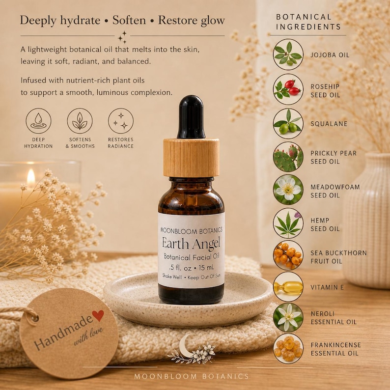 May include: A brown glass bottle of Earth Angel Botanical Facial Oil, 5 fl oz, with a wooden cap and black dropper. The bottle sits on a small, white ceramic dish. The image includes text about the product's benefits and ingredients.