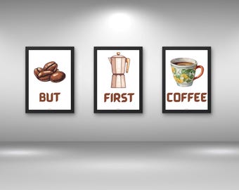 Coffee First, retro muurkunst, downloadbare kunst, koffiekar print, koffieliefhebber decor, trendy retro poster, maximalistische muurkunst