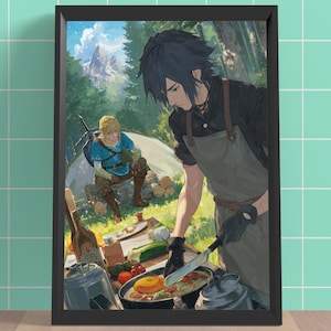 以下が含まれることがあります： 2 人の漫画風のキャラクターが屋外でキャンプと料理をしている詳細なイラストが描かれた、額入りのアートプリント。一人のキャラクターは食べ物を準備し、もう一人は近くに座っています。このアートワークは鮮やかな色使いと詳細な背景を持っています。