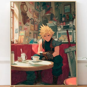 May include: A framed anime-style print shows a character with spiky blonde hair seated at a cafe table. The artwork has a warm colour palette, with a clock and framed pictures on the wall. A cup of tea sits on the table, and a sword leans against the wall.