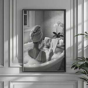 Feminist Poster, Woman Drinking Wine & Reading in Bathtub Print, Black and White, Alcohol Wall Art, Girls Bathroom Decor, Digital Download