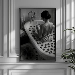 Feminist Poster, Woman Drinking Wine & Reading in Bathtub Print, Black and White, Alcohol Wall Art, Girls Bathroom Decor, Home Wall Art