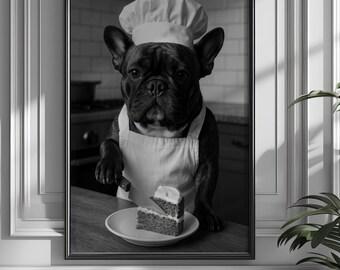 Chef Bulldogge Kunstdruck - Schwarz-weißer lustiger Hund Poster, humorvolle Backdekoration, süßes Haustier Wandkunst für modernes Zuhause oder Café