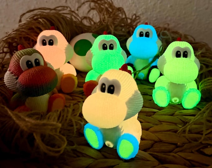 GLOWshi Glow-in-the-Dark Yoshi Figure Set • 3D Printed Knit-Effect Decor
