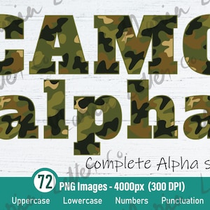 May include: The word "CAMO" and "alpha" are displayed in a camouflage pattern. The image also includes the text "Complete Alpha set" and details about the PNG images, including "Uppercase", "Lowercase", "Numbers", and "Punctuation".