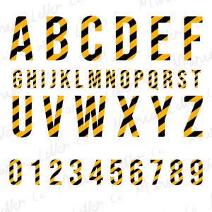 May include: A full alphabet and number set in a bold, blocky font. Each letter and number is designed with diagonal black and yellow stripes, creating a construction or caution tape aesthetic. The letters are in uppercase.