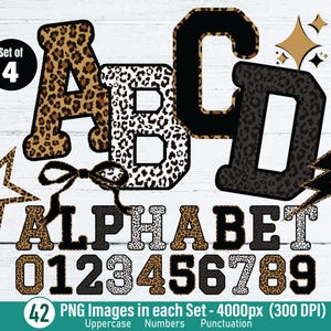 May include: A digital graphic featuring the letters A, B, C, and D, along with the word ALPHABET and numbers 0-9. The letters and numbers have a leopard print design. The image also includes a star, a lightning bolt, and a bow. The text at the bottom says "42 PNG Images in each Set - 4000px (300 DPI)"