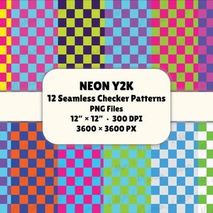 May include: A collection of 12 seamless checker patterns in vibrant neon colors, including pink, yellow, blue, and green. The patterns are 12 inches by 12 inches and are PNG files.