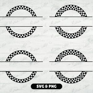 Peut inclure: Quatre cadres circulaires à damier noir et blanc avec une fente horizontale au centre pour du texte personnalisé. Chaque motif présente un motif carré répétitif autour de l'anneau. Le bas au centre inclut une étiquette noire avec le texte SVG & PNG.