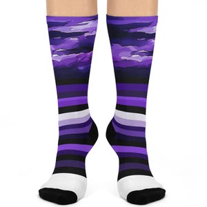 Purple Halloween Striped Socks - Spooky Clouds & Night Stripes