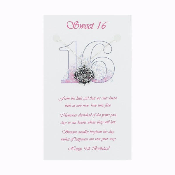 SWEET 16 Heart Necklace - 925 Sterling Silver - on Gift Card with 16th Birthday Message Filigree Swirl